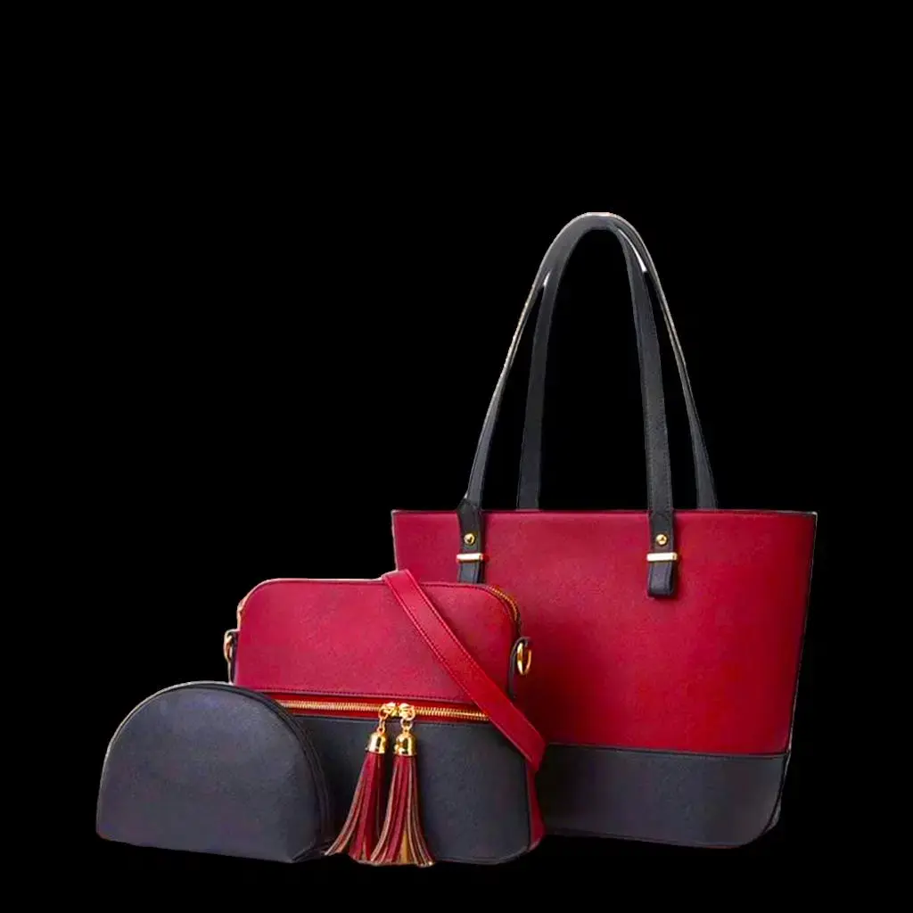 Women's PU Leather Textured Hand Bag Set red.webp