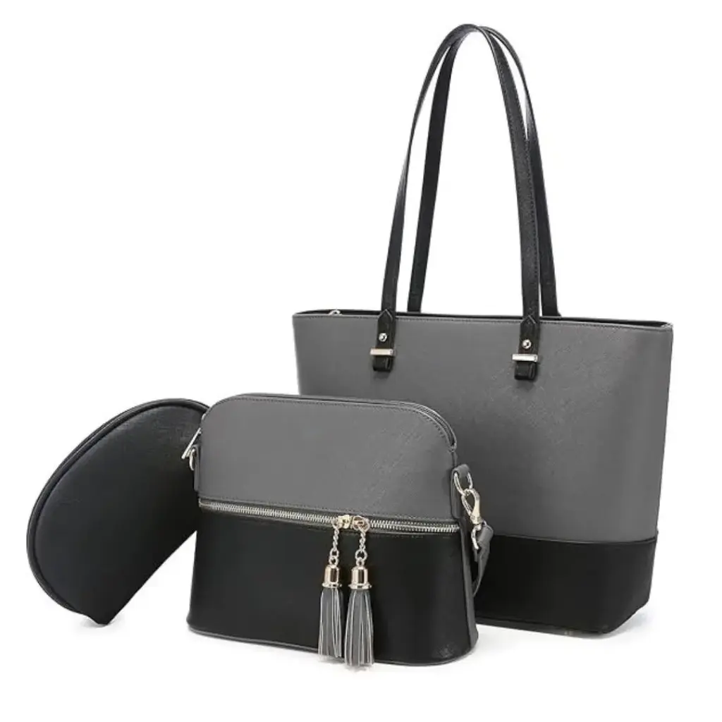 Women's PU Leather Textured Hand Bag Set gray.webp