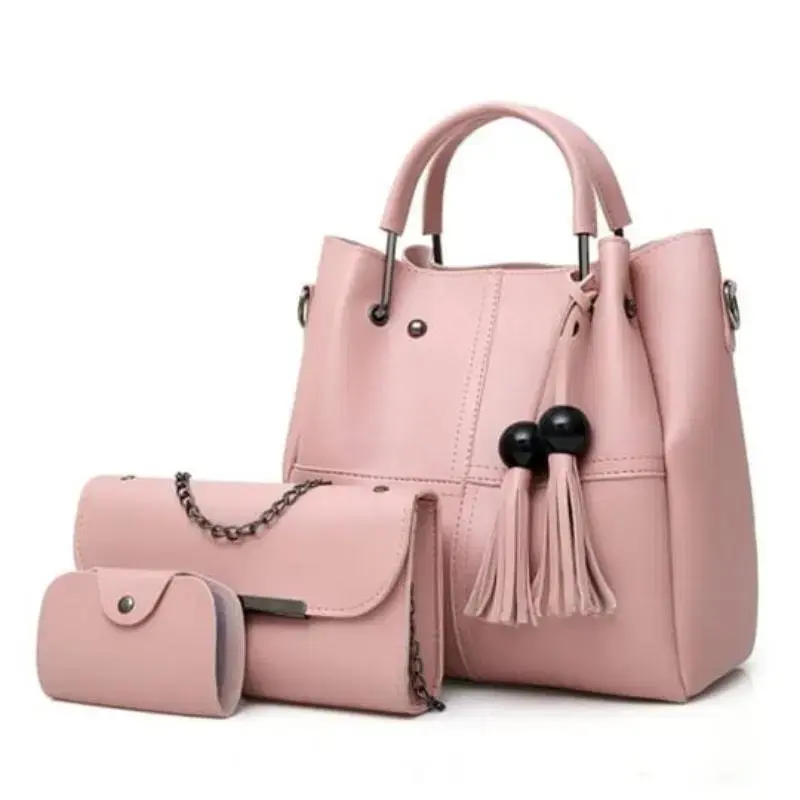 3 PCs Elegant design Top Handle Women's Leather Plain Hand Bag Set Pink.webp