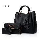 3 PCs Elegant design Top Handle Women's Leather Plain Hand Bag Set Black.webp