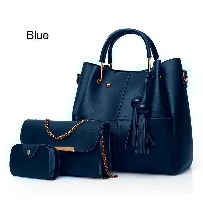 3 PCs Elegant design Top Handle Women's Leather Plain Hand Bag Set Blue.webp