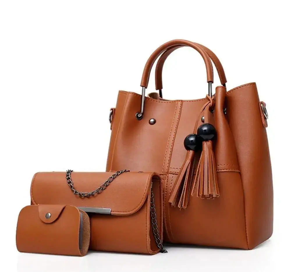 3 PCs Elegant design Top Handle Women's Leather Plain Hand Bag Set brown.webp