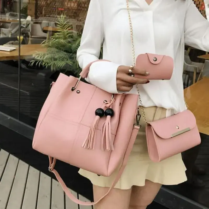 3 PCs Elegant design Top Handle Women's Leather Plain Hand Bag Set Pinky.webp