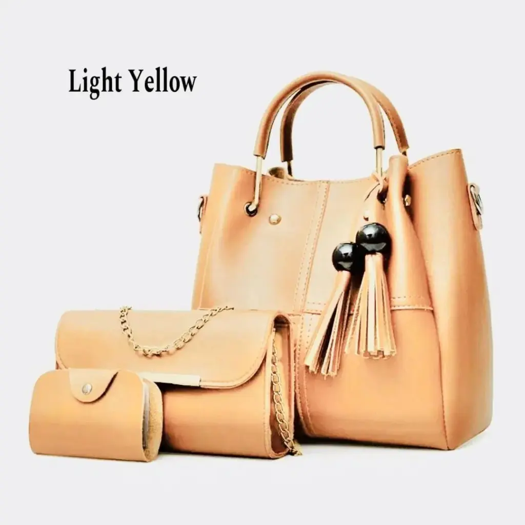 3 PCs Elegant design Top Handle Women's Leather Plain Hand Bag Set light yellow.webp