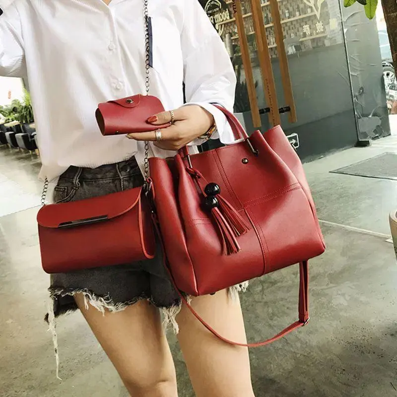 3 PCs Elegant design Top Handle Women's Leather Plain Hand Bag Set reddish.webp