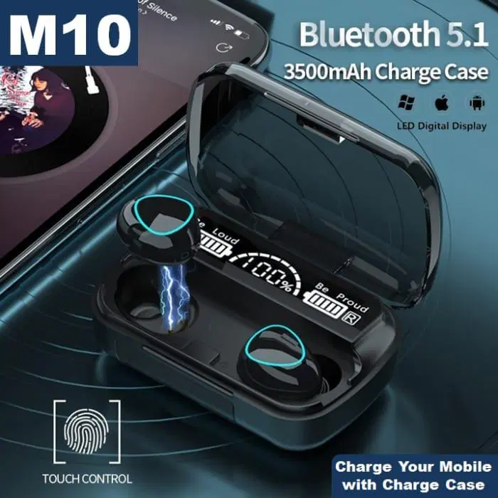 M10 Wireless Earbuds Bluetooth V5.1 with Noise Cancellation, IPX7 Waterproof, and Touch Control